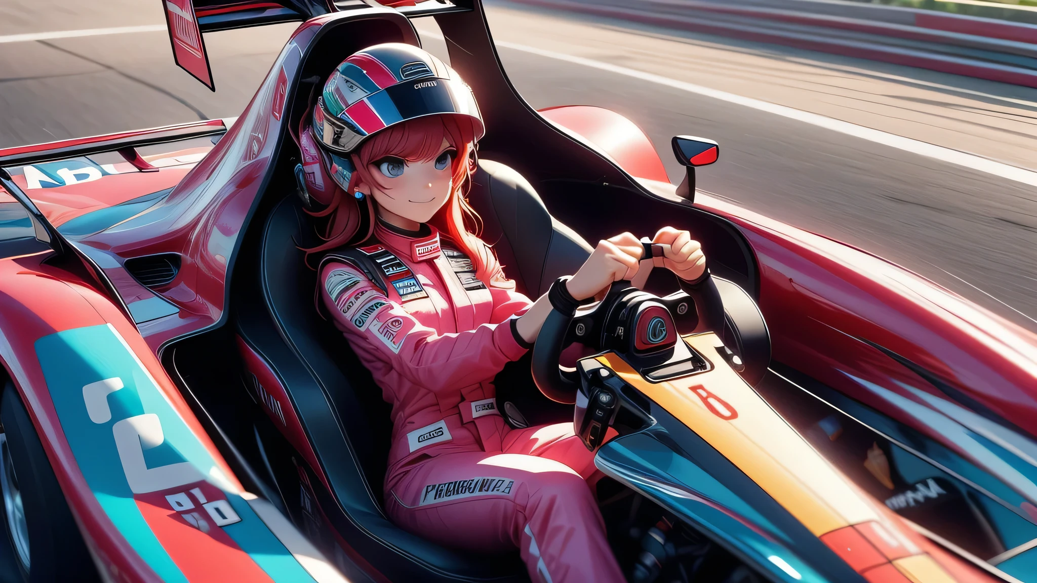 driving a formula 1, fingers on steering wheel, sitting, pink uniform, helmet, speed lines, neon lighting, high quality, masterpiece, daisy, red hair, earrings, looking serious, smirk