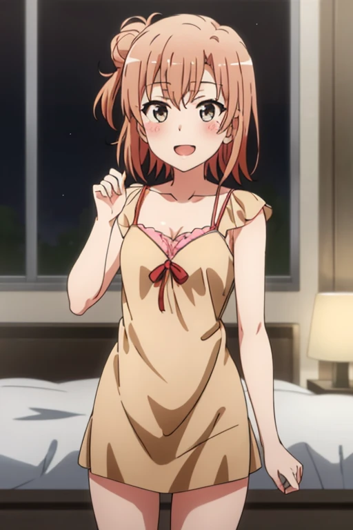 ((highest quality)), ((masterpiece)), (be familiar with), Perfect Face, indoor, Bedroom, Watching the audience,
One woman, Yuigahama Yui,
Open Mouth, Ecstatic expression, blush, smile,
Small breasts, Flat Chest, Young Girl, , , Girl,
Short Hair, Salmon-colored hair, Salmon-colored eyes, Side Pony,
Leg spread,