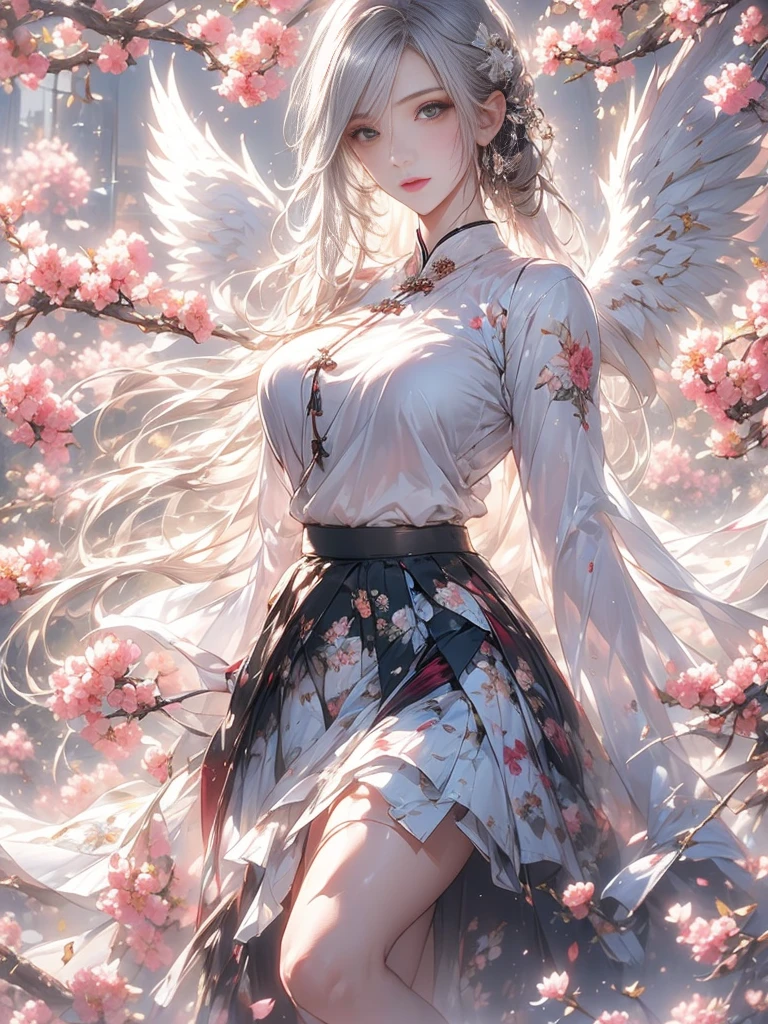 Chinese painting,Ethereal beauty,Ink wash painting,Ink splashes,Gongbi,Delicate brushwork,Zen simplicity, high quality, masterpiece, ultra-high resolution, incredible composition, extremely detailed, crazy details, a girl, angel wings, beautiful face, perfect female body, (skirt **** up of flowers:1.5), translucent body, transparent petals, luminous petals, gradient, contour light, light particles, award winning art,