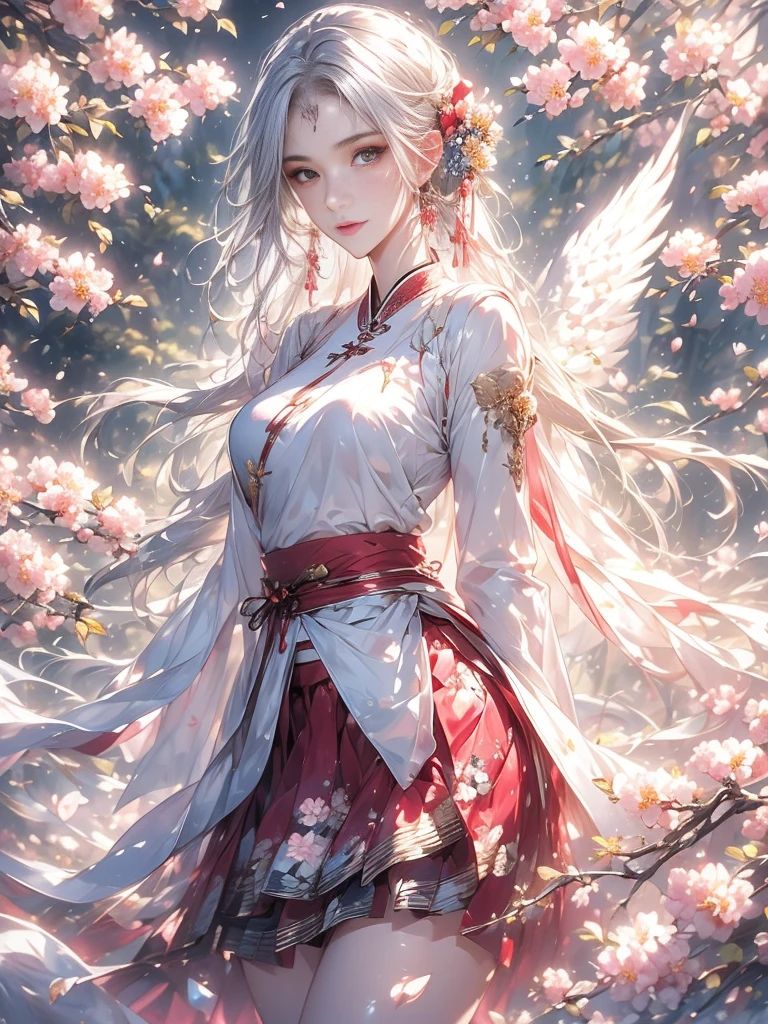 Chinese painting,Ethereal beauty,Ink wash painting,Ink splashes,Gongbi,Delicate brushwork,Zen simplicity, high quality, masterpiece, ultra-high resolution, incredible composition, extremely detailed, crazy details, a girl, angel wings, beautiful face, perfect female body, (skirt **** up of flowers:1.5), translucent body, transparent petals, luminous petals, gradient, contour light, light particles, award winning art,