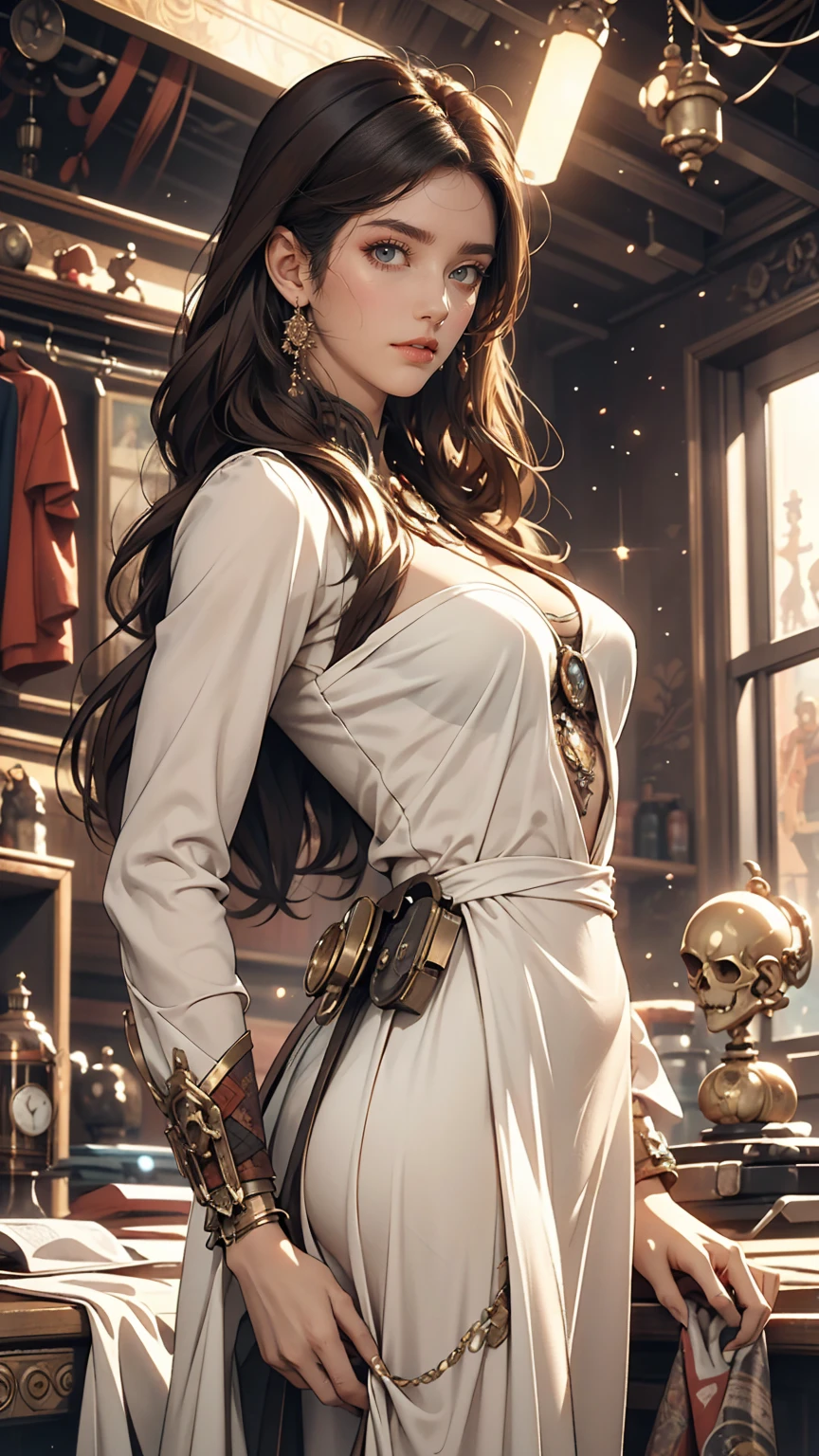 people々Image of a woman in her 50s wearing a white dress standing in front of, 70s Sci-Fi Art, Attractive brown haired woman, Movie stills, Hypermaximalist, Promotional Rendering, By Menez, Cosmic Bjork, steampunk, Velma, Mars Attacks, Around 1970, ??2077