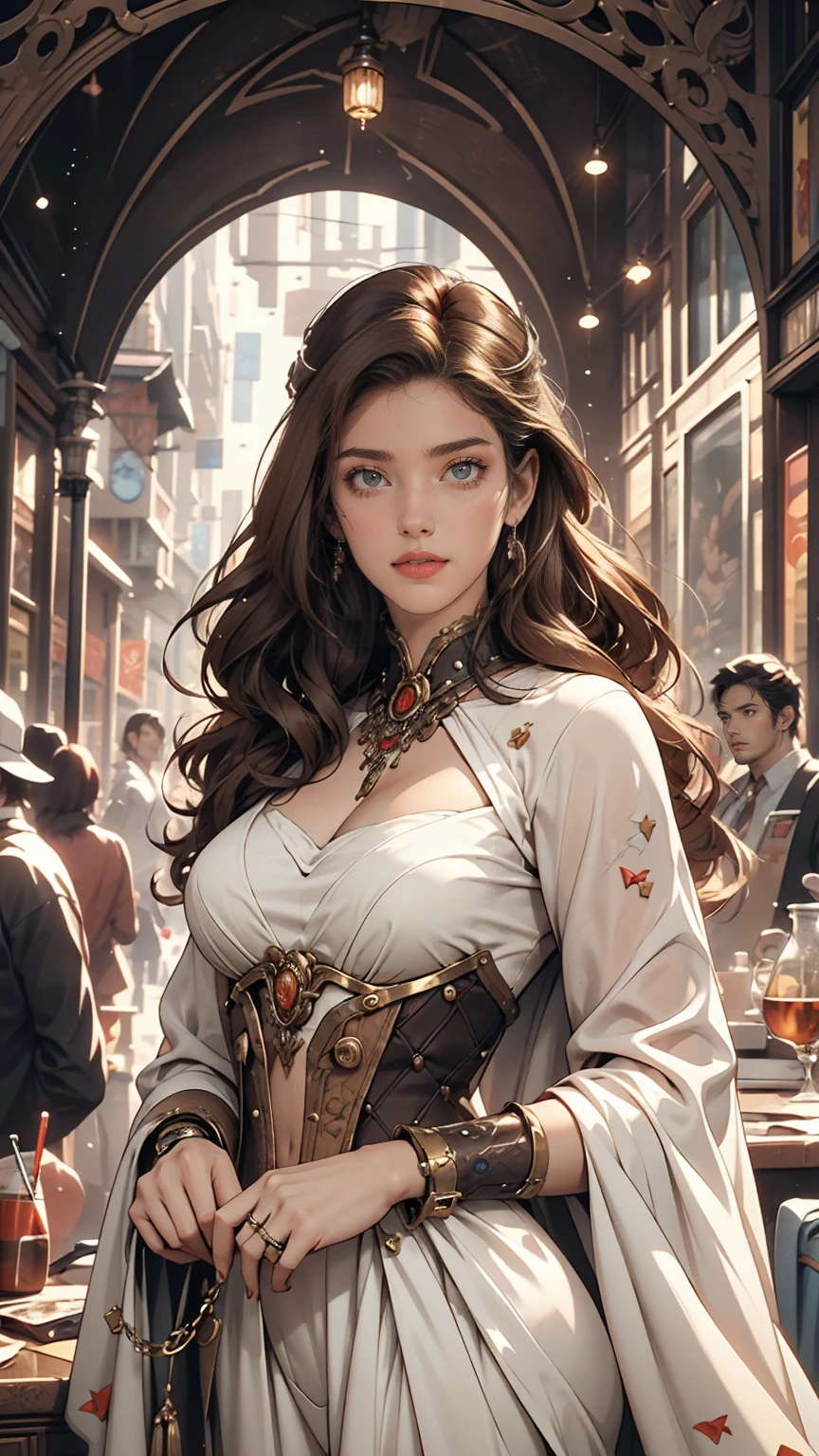 people々Image of a woman in her 50s wearing a white dress standing in front of, 70s Sci-Fi Art, Attractive brown haired woman, Movie stills, Hypermaximalist, Promotional Rendering, By Menez, Cosmic Bjork, steampunk, Velma, Mars Attacks, Around 1970, CP2077