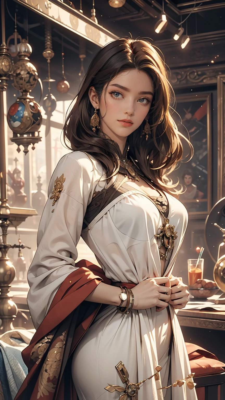 ((masterpiece,Highest quality)), 4K, High resolution, One girl, alone, smile, Brown dress((slit deep)), Exposed thighs、(Perfumer's Outfit 2:1.2), 、Stiletto heels、Curly Hair((curly hair))、Red inner color((colored inner hair))、Crystal Earrings((crystal earrings))