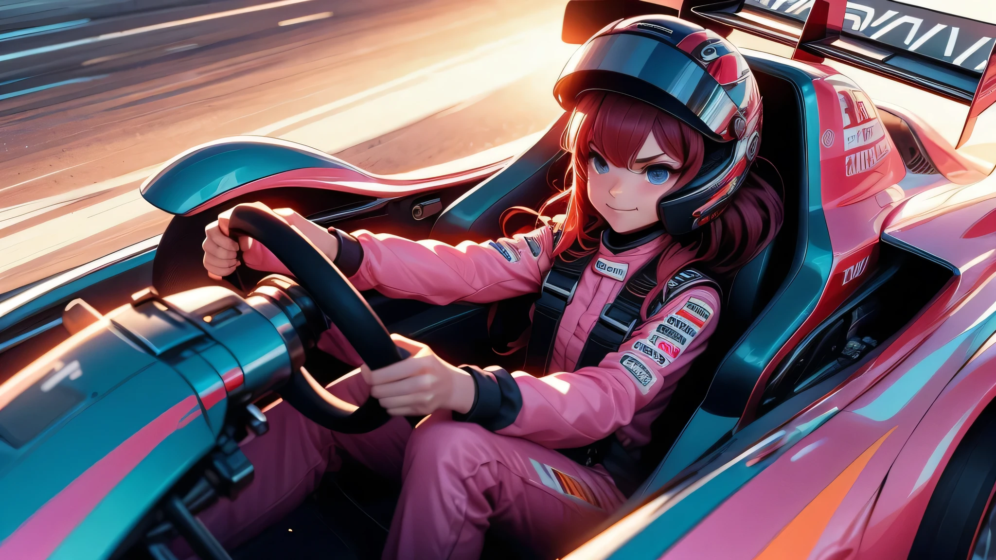 ultra wide shot, driving a formula 1, fingers on steering wheel, sitting, pink uniform, helmet, speed lines, neon lighting, high quality, masterpiece, daisy, red hair, earrings, looking serious, smirk