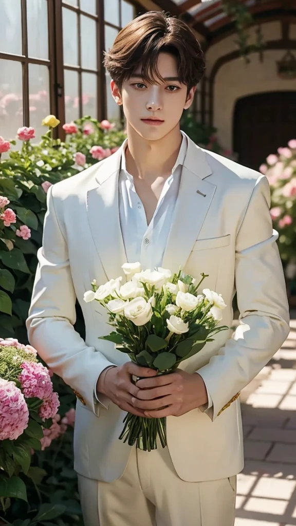 Jungkook, Extremely delicate and beautiful, amazing, finely detail, masutepiece, Ultra-detailed, hight resolution,Best Illustration, Best Shadow,Convoluted,Sharp Focus, High quality, 1male people, Solo, a blond. Red Eyes, Cave Genshin Impact, Glass greenhouse, Flowers in pots, Flowers for Sale, Man Looking at Flowers, flowers everywhere, formal clothes:1.8