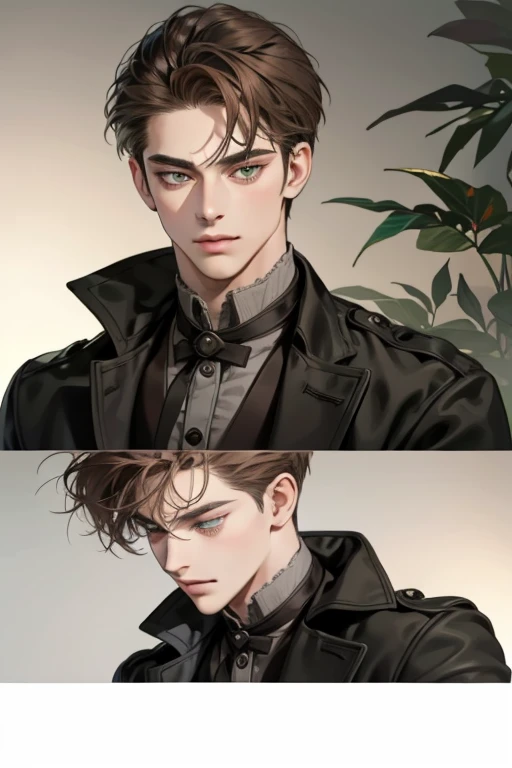 masterpiece, best quality, realistic, 1man, mature male, quiet and charming young man, 25 year old, serious look, closed mouth, portrait, extremely detailed face, cold smile, ((green grey eyes)), ((short-right-swept dark brown hair)), [thick eyebrows], ((suit)), handsome, full body, western, Jewish, light brown skin,