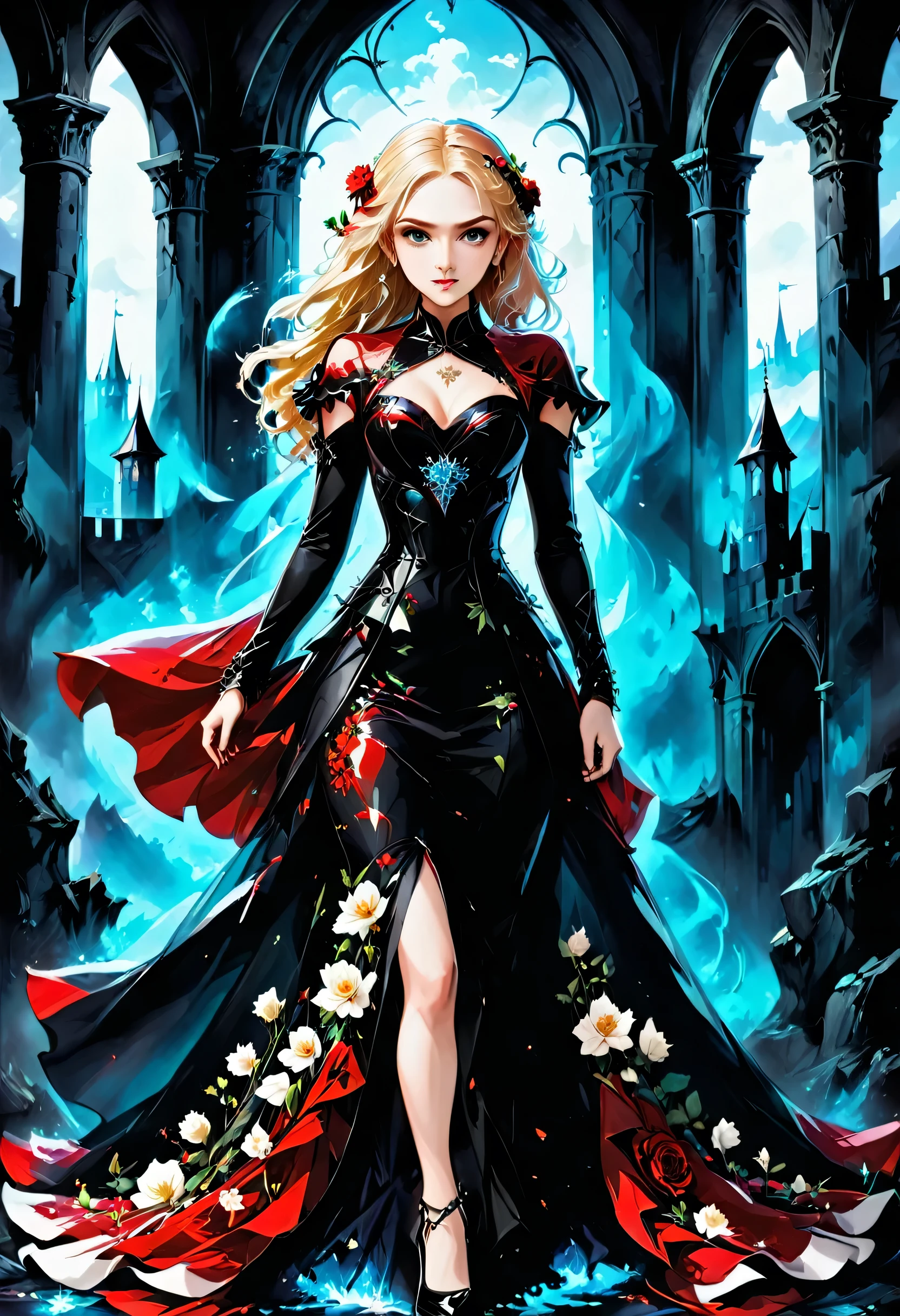 Dark fantasy art, fantasy art, goth art,  a picture of a female vampire, exquisite beauty, full body shot, dark glamour shot,  pale white skin, blond hair, long hair, wavy hair, (glowing grey: 1.3) eyes,  she  wears a (red: 1.3) red dress, ArmoredDress, the roses are imprinted on the dress (black: 1.4)  black roses, high heels, dark castle, dark, black and color, Dark Art Painting Style, flower dress, betmd
