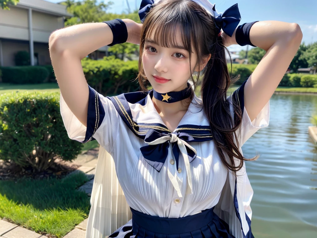(((very heavy chest))),NSFW, 16k raw photos, highest quality, masterpiece, ultra high resolution, ((She is wearing Beautiful exposed redShe is wearing (a high school sailor uniform).
(navy sailor collar:1.4),(white shirt:1.4),(navy pleats skirt:1.4),(navy bow:1.4))).movie, ((2 girls, , 2 schoolgirls)),((attractive expression)),eyes shine、 looking at the viewer, natural skin texture very heavy chest))),((( metal black ribbon around the neck))).star handle mold、((yellow eyes)),Realistic eye and face details, lip whole, lipstick makeup), fluffy ponytail hair, laughter, Beautiful feet, tall woman, ((glowing skin)),((Beautiful armpit)), slim_feet, huge breasts, cleavage, beautiful natural places, beautiful flower garden、(detailed background,highly exposed, huge breasts, blurred background,, JK ribbon on the neck, jk ribbon, golden hair, bracelet, water, bangs, split your lips、armpit、beautiful hip line、glowing skin、(((eyes shine brightly))),lotion skin、High leg、((black hair)),highly exposed、Skimpy pink luxury fur coat、beautiful sea background、wind effect、