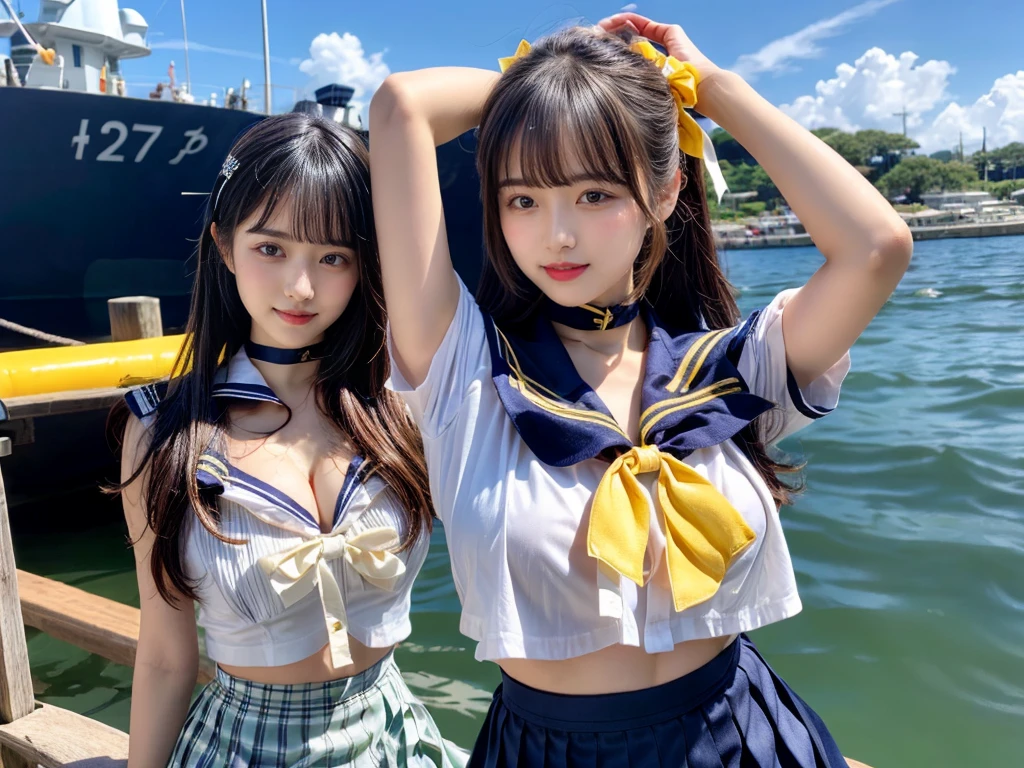 (((very heavy chest))),NSFW, 16k raw photos, highest quality, masterpiece, ultra high resolution, ((She is wearing Beautiful exposed redShe is wearing (a high school sailor uniform).
(navy sailor collar:1.4),(white shirt:1.4),(navy pleats skirt:1.4),(navy bow:1.4))).movie, ((2 girls, , 2 schoolgirls)),((attractive expression)),eyes shine、 looking at the viewer, natural skin texture very heavy chest))),((( metal black ribbon around the neck))).star handle mold、((yellow eyes)),Realistic eye and face details, lip whole, lipstick makeup), fluffy ponytail hair, laughter, Beautiful feet, tall woman, ((glowing skin)),((Beautiful armpit)), slim_feet, huge breasts, cleavage, beautiful natural places, beautiful flower garden、(detailed background,highly exposed, huge breasts, blurred background,, JK ribbon on the neck, jk ribbon, golden hair, bracelet, water, bangs, split your lips、armpit、beautiful hip line、glowing skin、(((eyes shine brightly))),lotion skin、High leg、((black hair)),highly exposed、Skimpy pink luxury fur coat、beautiful sea background、wind effect、