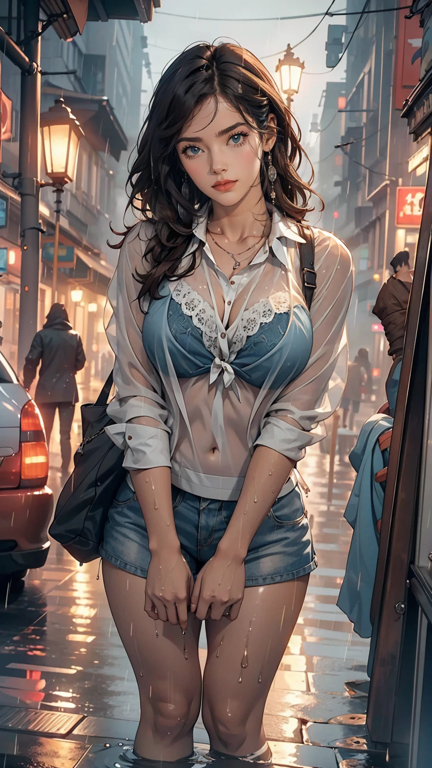 masterpiece, Absurd, Ultra-high resolution,(Photorealistic:1.4),1 girl,LOL, 18,Medium chest,Brown medium hair, ((heavy rain, fog, Wet, See through)),(Blue high ,nounderwear),Standing school entrance,Woman with sex toy between her legs, Struggling to control the remote control of Tobikko,The seductive love juice drips from between her legs., which is coating the underwear and inner thighs.She blushes and looks at me.,underwear,City view,