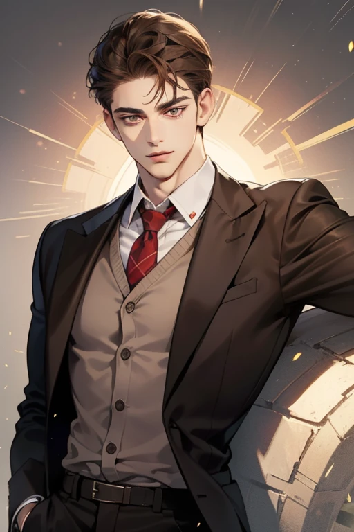 masterpiece, best quality, realistic, 1man, mature male, quiet and charming young man, 25 year old, serious look, closed mouth, portrait, extremely detailed face, cold smile, ((red grey eyes)), ((short-right-swept dark brown hair)), [thick eyebrows], ((suit)), handsome, full body, western, Jewish, light brown skin,