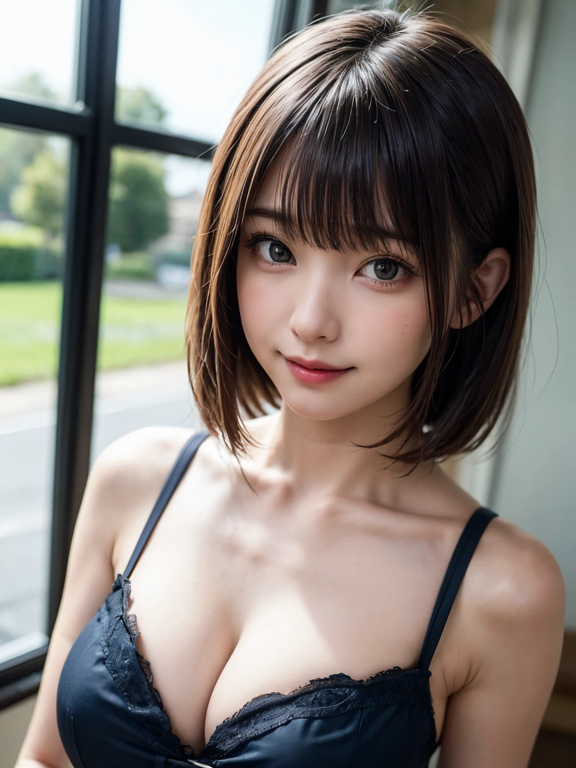1 girl, alone, alone focus, Cowboy Shot, Portraiture, Beautiful small  with delicate design:1.4, Detailed design of school uniform:1.4、Pure beauty、Lovely beauty、Transparent beauty、Cool feeling、Transparent beauty、Very beautiful glossy skin、Half watercolor, Half Green, ((Brown Hair、bangs)), (Short Bob Hair:2、Gradient Hair :1.5), Curly Hair, ((Pink Eyes)), Very detailedな目, Sunburn, (Dark Caramel Skin:1.1)、({Huge|big|Hugeな|Mega} chest:2, chestの谷間:2)、(Attractive and beautiful woman、A little beautiful face、beautiful long neck、Put out your ears、Shoulders are a little wide、Beautiful supermodel figure、Happy smiling face with mouth closed、Perfect Anatomy), (highest quality, Very detailed, so beautiful)、so beautiful芸術的な背景, delicately painted, Reminiscent of Western art:2