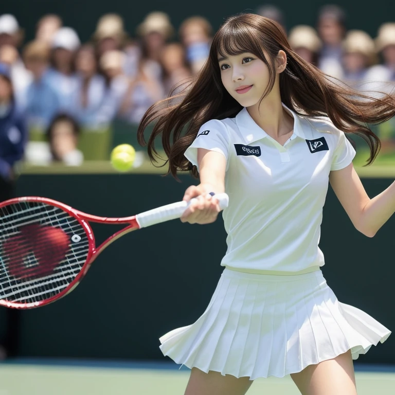 Photo-realistic quality、White tennis wearを着た20歳のアイドルが黄色いテニスボールを打っている, White tennis wear, A girl playing tennis, Japanese model playing tennis, Realistic rackets,looking at the camera、Detailed and beautiful eyes、A soft and gentle look、Cute Smile