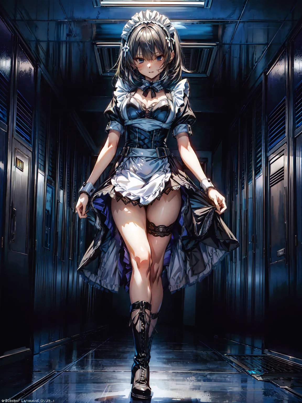 (Perfect Anatomy:1.2, highest quality),(Maid leotard details:1.6),One Girl,alone,Long Hair:1.5, (Short sleeve, Thighs,Maid Cufflinks),,Hypno Lola, Hollow Eyes,(High heel lace-up boots:1.4), (Without skirt:3.0),Dark aura,Leotrad,,love for viewers,Looking down,(In the 
 research evil facility:1.8)