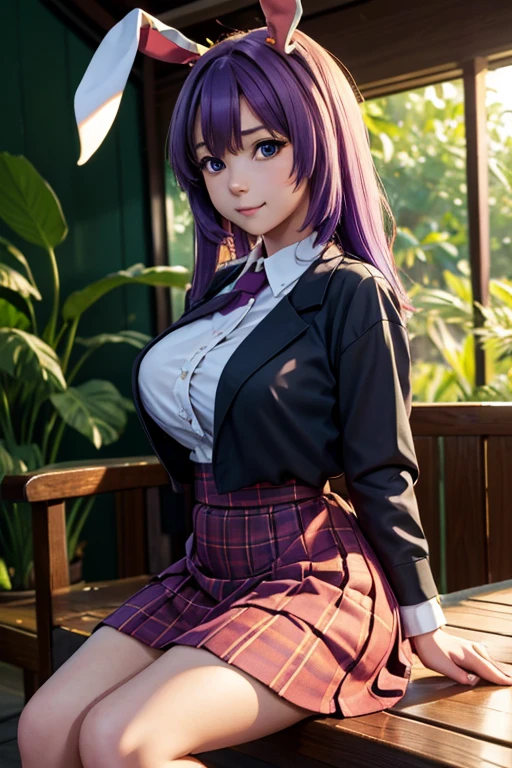 sit in tropical rainforest  , steam , waistband of skirt is at the point above chest , plaid skirt , pleated skirt , Tight shirt , white Shirt , school girl , skirt under breasts , skirt is near breasts area , skirt is adjacent to the chest , (masterpiece, best quality, hires, high resolution:1.2, 4k, 8k , high quality), extremely detailed, realistic, intricate details, highres, 1girl, solo, (large breasts, thick thighs, wide hips), arched back,(cinematic lighting, sunlight, perfect lighting, backlighting), eye-level shot, extreme close-up-shot, looking at viewer, , green skirt nakano_yotsuba_ecsta, blue eyes, orange hair, hair ribbon, nakano yotsuba, short hair, green ribbon, hair between eyes , masterpiece, best quality, 1girl,smile,reisen udongein inaba, purple hair,very long hair, rabbit ears, red eyes,black jacket,pink skirt,necktie , twin tails hair