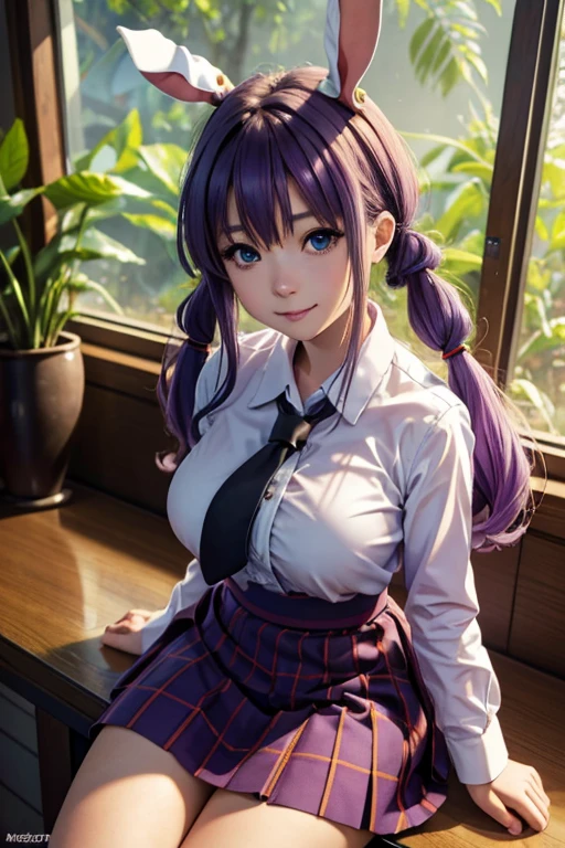 sit in tropical rainforest  , steam , waistband of skirt is at the point above chest , plaid skirt , pleated skirt , Tight shirt , white Shirt , school girl , skirt under breasts , skirt is near breasts area , skirt is adjacent to the chest , (masterpiece, best quality, hires, high resolution:1.2, 4k, 8k , high quality), extremely detailed, realistic, intricate details, highres, 1girl, solo, (large breasts, thick thighs, wide hips), arched back,(cinematic lighting, sunlight, perfect lighting, backlighting), eye-level shot, extreme close-up-shot, looking at viewer, , green skirt nakano_yotsuba_ecsta, blue eyes, orange hair, hair ribbon, nakano yotsuba, short hair, green ribbon, hair between eyes , masterpiece, best quality, 1girl,smile,reisen udongein inaba, purple hair,very long hair, rabbit ears, red eyes,black jacket,pink skirt,necktie , twin tails hair