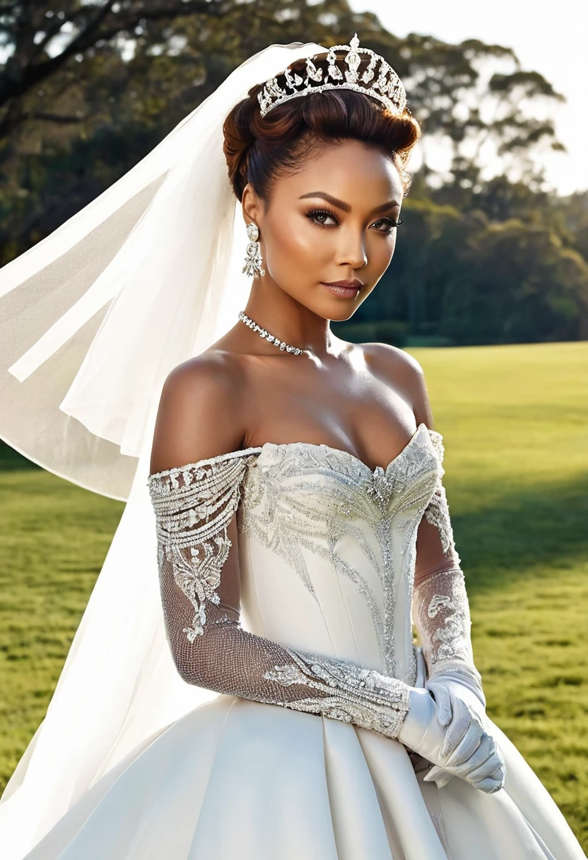 Kat Graham Is a stunning model, and in this image, she's dressed in a breathtaking Victorian-style wedding gown. The white satin bridal gown has a full, princess-style skirt and a long train that flows behind her. The intricate bodice is adorned with lace, diamonds, and a delicate bow at the waist. Her hair is styled in an elegant updo, complete with a sparkling tiara. She wears elbow-length opera gloves and diamond earrings and a necklace that complement the dress perfectly. The image is set against a majestic outdoor backdrop, with a serene landscape and soft lighting that highlights the beauty of the gown and the model.
