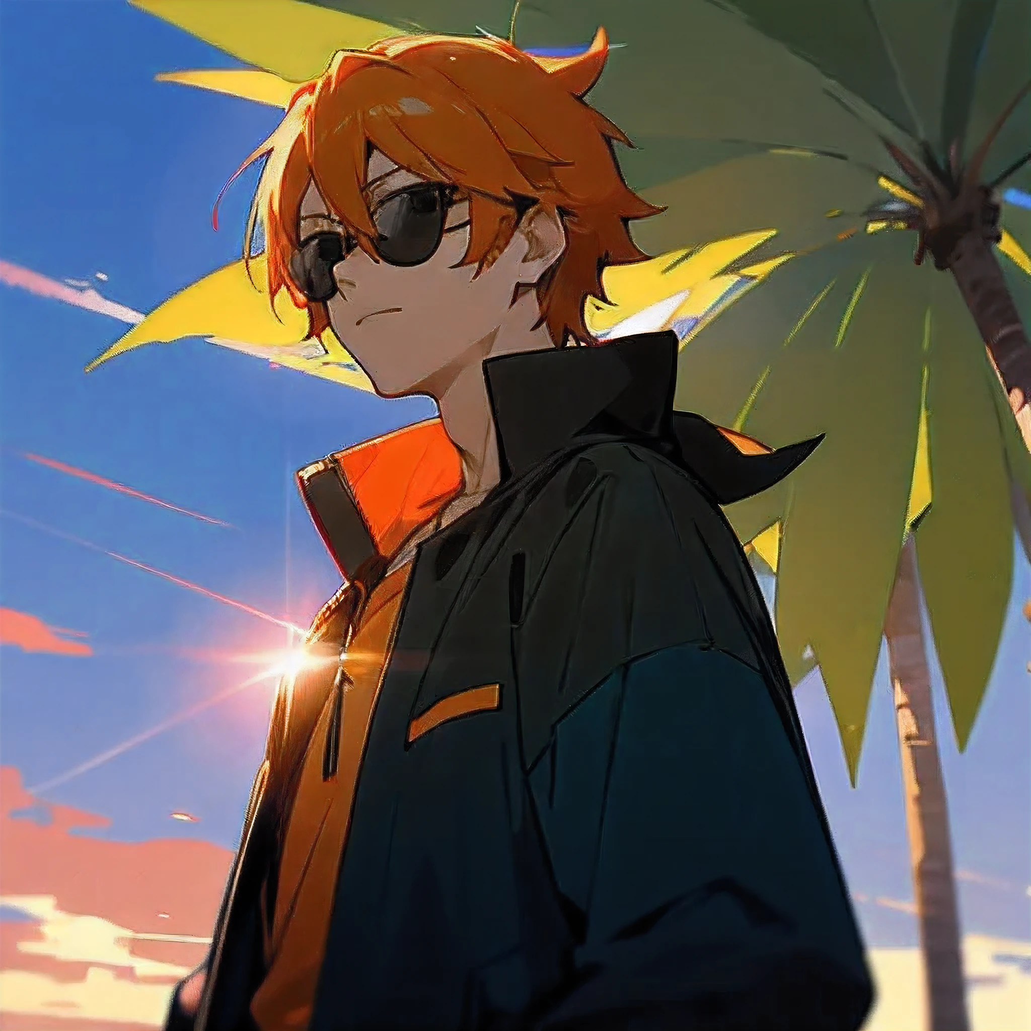 Anime guy wearing sun glasses looking at the sun