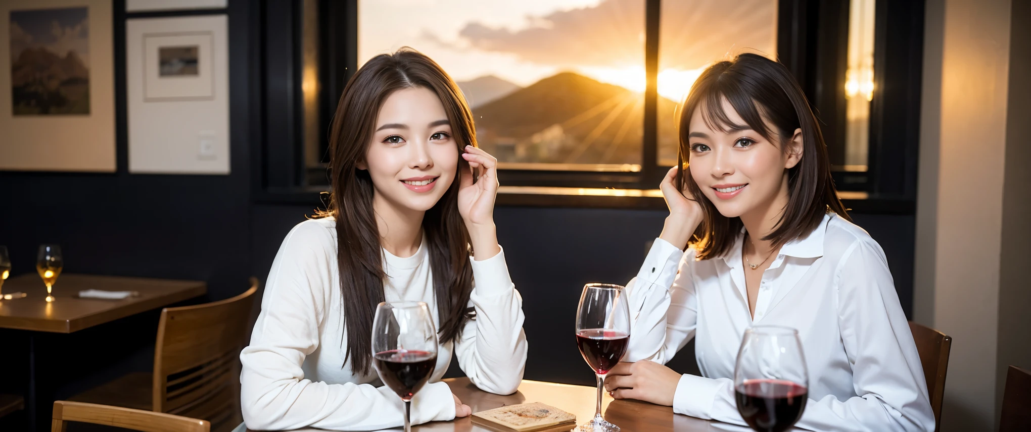 ((highest quality、8k、masterpiece:1.3))、1 male、1 female、Couple、spouse、Couple、Slim body、((Bob Hale、Straight hair:1.2)), (Realistic, Intricate details:1.2), Wine glass on the table、Shine light on your face、 Amazing view of the sunset sky and clouds、Amazing mountain views、A bright smile、The wonderfulness of smile、Bright image、The beauty of wine, Beautiful Face, blue eyes, The light shines on your face, Blushing, short hair,Bright Face、 (Age 37), 39 years old, red wine 、Appetizers、Italian food、Wine bottle、Champagne、sparkling wine、Two beauties、Brown Hair、Shortcuts、Long sleeve shirt、dress、Pretty Woman 1, (Slim face), (The body is slim), (Brown Hair), (Shortcuts), cheeks turn a little red,Attractive beauty、restaurant, In a prominent place (From the waist up) Nova Frog Style, actress, model, Upper Body, White wine, slim, wine glass, Wine glass placed in the center, smile, (smile: 1.15), Beautiful fine grain, Depth f/2,saturation, High Contrast, Strong light and shadow,Moist Body:1.5、3D texture、Delicate eyes、Brown Hair、The hair is very shiny、