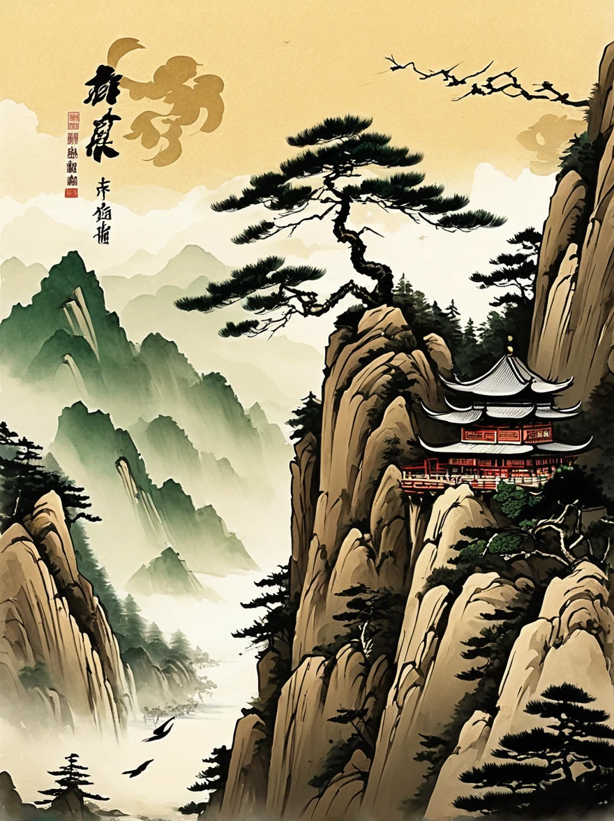 Super detailed，Chinese ink painting style，Chinese landscapes，Huangshan，A cute Chinese boy，Dressed in ancient Chinese costume，Sword dance on the mountain top。The welcoming pine tree stands tall，Birds circling in the sky