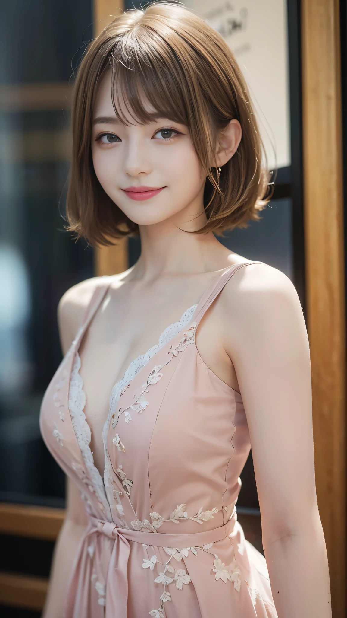 ((highest quality、Masterpiece、High resolution))、(((Zoom photo of upper body)))、(A shy smile:1.2)、One 15-year-old female、Beautiful Skin、Beautiful Eyes、dress、Trimmed bangs、Blonde Hair