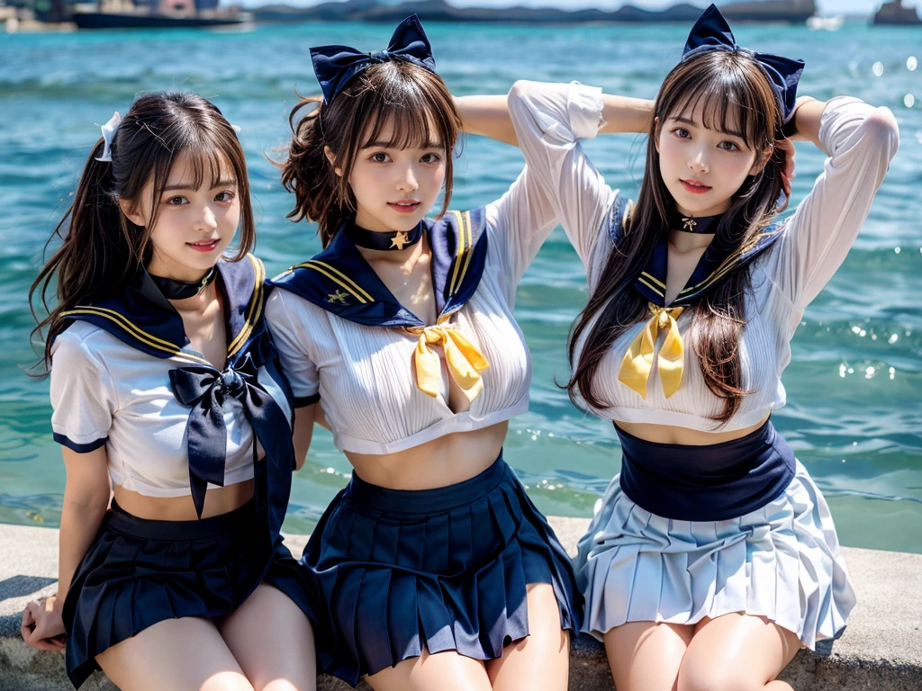 (((very heavy chest))),NSFW, 16k raw photos, highest quality, masterpiece, ultra high resolution, ((She is wearing Beautiful exposed redShe is wearing (a high school sailor uniform).
(navy sailor collar:1.4),(white shirt:1.4),(navy pleats skirt:1.4),(navy bow:1.4))).movie, ((2 girls, , 2 schoolgirls)),((attractive expression)),eyes shine、 looking at the viewer, natural skin texture very heavy chest))),((( metal black ribbon around the neck))).star handle mold、((yellow eyes)),Realistic eye and face details, lip whole, lipstick makeup), fluffy ponytail hair, laughter, Beautiful feet, tall woman, ((glowing skin)),((Beautiful armpit)), slim_feet, huge breasts, cleavage, beautiful natural places, beautiful flower garden、(detailed background,highly exposed, huge breasts, blurred background,, JK ribbon on the neck, jk ribbon, golden hair, bracelet, water, bangs, split your lips、armpit、beautiful hip line、glowing skin、(((eyes shine brightly))),lotion skin、High leg、((black hair)),highly exposed、Skimpy pink luxury fur coat、beautiful sea background、wind effect、