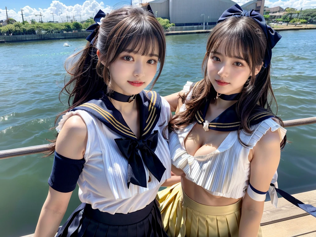 (((very heavy chest))),NSFW, 16k raw photos, highest quality, masterpiece, ultra high resolution, ((She is wearing Beautiful exposed redShe is wearing (a high school sailor uniform).
(navy sailor collar:1.4),(white shirt:1.4),(navy pleats skirt:1.4),(navy bow:1.4))).movie, ((2 girls, , 2 schoolgirls)),((attractive expression)),eyes shine、 looking at the viewer, natural skin texture very heavy chest))),((( metal black ribbon around the neck))).star handle mold、((yellow eyes)),Realistic eye and face details, lip whole, lipstick makeup), fluffy ponytail hair, laughter, Beautiful feet, tall woman, ((glowing skin)),((Beautiful armpit)), slim_feet, huge breasts, cleavage, beautiful natural places, beautiful flower garden、(detailed background,highly exposed, huge breasts, blurred background,, JK ribbon on the neck, jk ribbon, golden hair, bracelet, water, bangs, split your lips、armpit、beautiful hip line、glowing skin、(((eyes shine brightly))),lotion skin、High leg、((black hair)),highly exposed、Skimpy pink luxury fur coat、beautiful sea background、wind effect、
