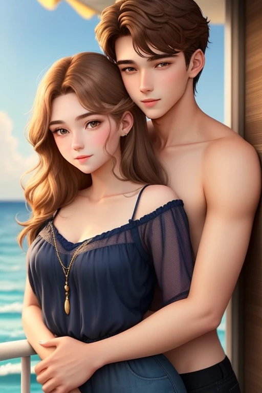 Man and woman, staring intently to eyes. No one look at front. Man Hugging woman from back and kissing, Lovers. Hand on the waist. Hand on the neck. The girl is a beautiful mermaid on the sea with golden tails.
20-year-old boy and 18-year-old girl. Detailed face, Detailed eyes, double eyelid, cute, sunny, warm vibes, Handsome-cool-warm-boy with brown hair and hot-seductive-sexy-cute-beautiful-girl with brown hair and blushing face. Intimate vibes.