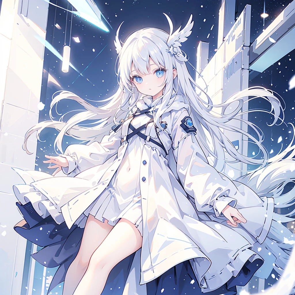 1girl, long white hair, blue eyes. wearing white coat, arctic area, snowing, nothern lights surrounding, 8k, look at viewer