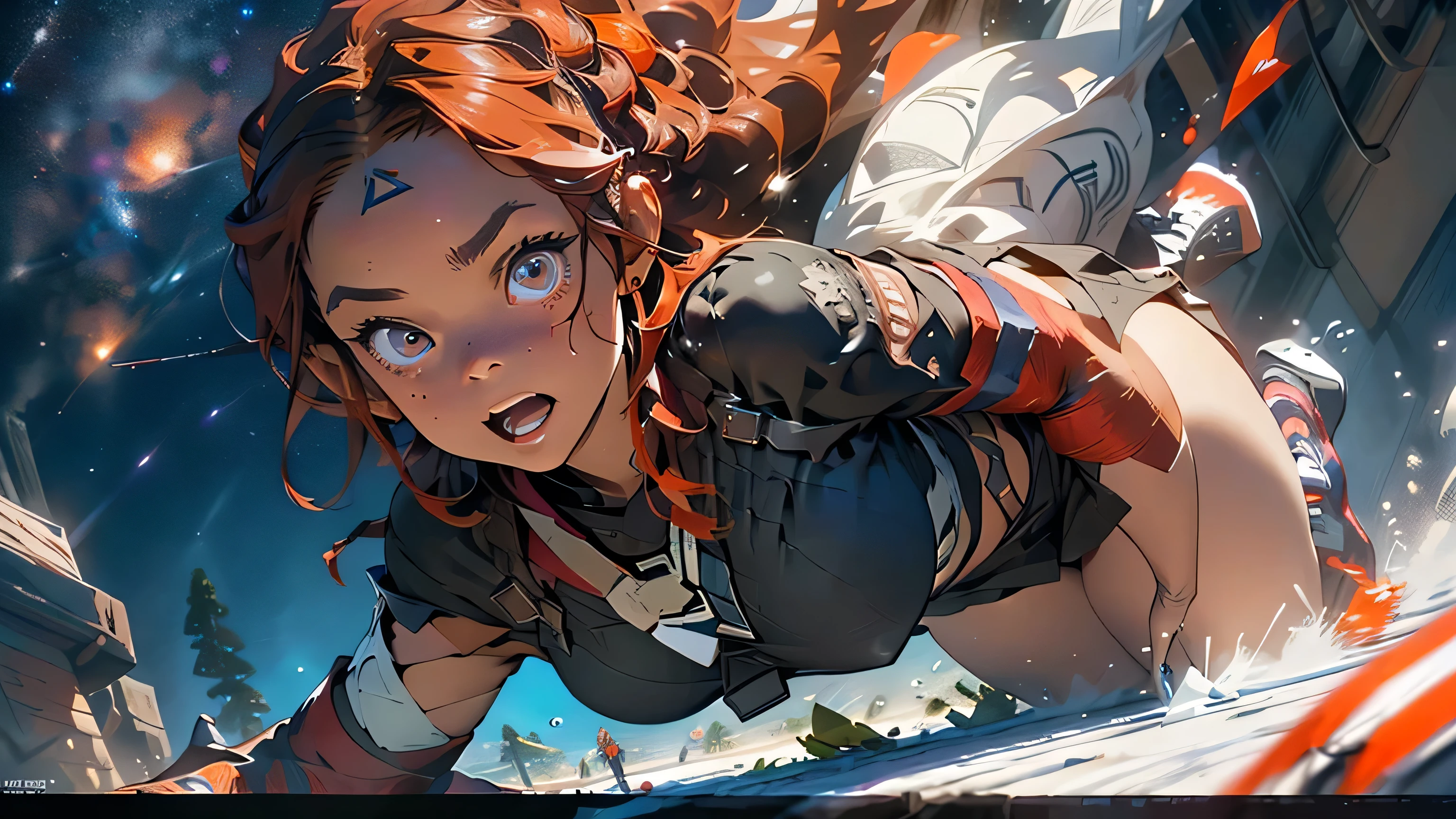 ((1 Adult, 30 year old woman)), -Stunningly Beautiful, (((Aloy from Horizon Zero Dawn))), Maximum detail, UHD, HDR, 8k, Absurd Resolution, Ultra High Quality, Photorealistic, realistic, real photo, Sony a7R V f/1.8 photographic full body shot, natural beauty, Fashion model looks and figure, the body of a gymnast with very large breasts and the face of a Hollywood movie star. ***Character*** -(Aloy from Horizon Zero Dawn:1.3) -The subject has long, voluminous, lustrous, super-detailed, red hair -The subject has a skinny frame -The subject has very large firm breasts. The subject is wearing a skin-tight, lowcut:1.3, leather crop top and a leather skirt with tribal markings emblazoned on them. **expression*** -Subject is focused ***atmosphere*** -The composition should consist of mainly red and white colors with low undertones of dark red. -Red lava splatter decorates the background creating a sense of depth for the artwork. -The composition should include beautiful molten lava. -The composition should be in the style of comic cover artist Jim Lee from Marvel, Image, and DC comics. ***lighting*** -The lighting is a dramatically lit crisp illumination that ensures every detail is visible. ***Time*** In the middle of a starry night, the full moon is up. ***Pose*** -(performing various dynamic poses:1.5) ***camera*** -(dramatic angle), (wide angle), (((full-body shot))) ***expression*** -Subject is focused ***post effects*** -(((True reds))) -(red ink movement magic) -(Zanpakutō) -(fire sparks in eyes) -(purple monochrome) ***style additions*** -photorealistic render, dynamic, 3D, digital art, CG masterpiece, made with Unreal Engine 5, Behance competition winner, trending on dribble, 8k, highest resolution, crisp details, natural beauty, waifu character full body shot, medium shot, wide angle lens, golden hour, art by Kazenoko, featured on Pixiv, 1 girl, by Rob Liefeld art, very detailed, digital 3D render