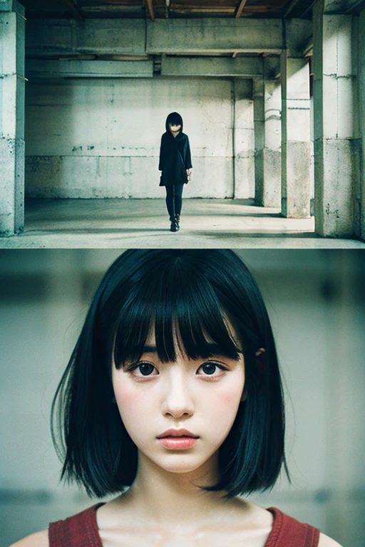 1 girl、Black-haired、Straight Bangs、Bob Cut Hair、Concrete walls and floors、Transcendental Silence、Depth of written boundary、Absurd、Hmph、Ultra-detailed illustrations、Highly detailed face、Raw photo、Film Grain、deviantart Trends、