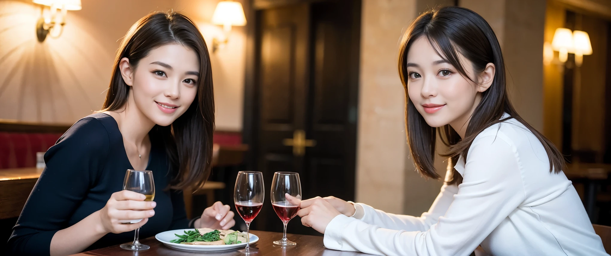 ((Highest quality、、masterpiece:1.3))、1 male、1 female、Satomi Ishihara、Beautiful couple、smile、full-course dinner、 (Slim face), (the body is スリム), (Brown Hair), (Shortcuts), ((Bob Hale、Straight hair:1.2)), テーブルの上のwine glass、Shine light on your face、 Amazing view of the sunset sky and clouds、smileの美しさ、Bright image、Blushing, Shortcuts, (43 years old), 39 years old, Appetizers、Italian food、Wine bottle、Champagne、sparkling wine、Long sleeve shirt、dress、Attractive beauty、restaurant, Nova Frog Style, actress, model, Upper Body, White wine, red wine, wine glass,