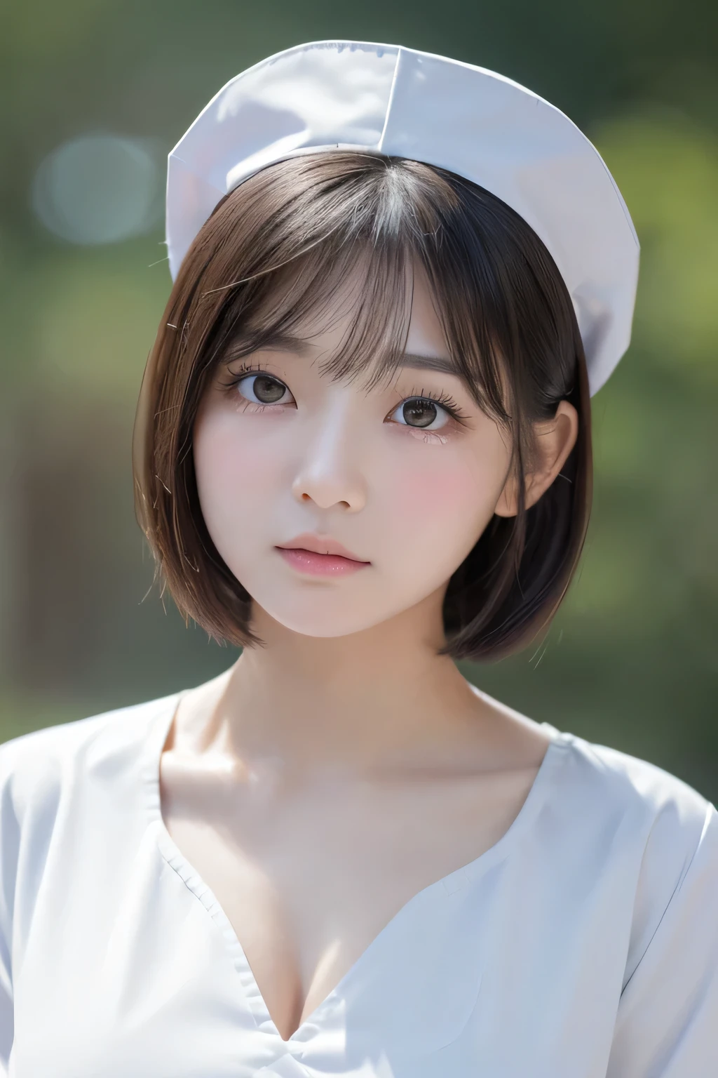 (1 Girl)、(Beautiful Japanese、18years old,round face、Refreshing、clear、seems kind、stylish、Pitiful、cute like an angel、cute、black eyes、,actress,Almond-shaped eyes,Translucent white skin、Beautiful skin), (((Good style))) , (((Beautiful big breasts:1.2))),(((soft breasts))),(very cute),(Black hair),(short bob hair),(enchanting eyes),(highlight on eyes:1.2)、(8K、Live shooting、highest quality、masterpiece:1.2、optimal lighting)、((masterpiece)),(Photo taken by a professional photographer),(real、photo real:1.4),break,{ (White nurse costume),(((taraditional nurse uniform)))},(tears:1.0))(cheeks are red:1.4), break, break,Old abandoned hospital,Face shot:1.3、looking at viewer, face close-up,Looking up、(Cleavage:1.6)、Peering in with a worried look on her face,Weak face,From below,(((dynamic angle)))