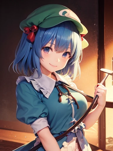 highest quality、masterpiece、touhou project、 nitori kawashiro、whole body、smile、Riverside、Holding tools