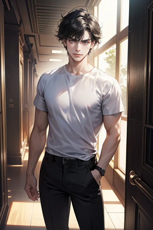 (tmasterpiece, high resolution, ultra - detailed:1.0), (1male, masculine face), Perfect male body, Adult male, Delicate eyes and delicate face, Extremely detailed CG, Unity 8k wallpaper, Complicated details, Detailed face, (black hair, messy hair, serious faces, white T-shirt,Bad students), (frown,evil smile:1.3), Standing in school corridor,black leather jacket, color difference, Depth of field, dramatic shadow, Ray tracing, Best quality, Cinematic lighting, offcial art,Portrait