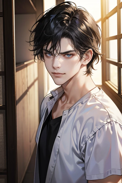 (tmasterpiece, high resolution, ultra - detailed:1.0), (1male, masculine face), Perfect male body, Adult male, Delicate eyes and delicate face, Extremely detailed CG, Unity 8k wallpaper, Complicated details, Detailed face, (black hair, messy hair, serious faces, white T-shirt,Bad students), (frown,evil smile:1.3), Standing in school corridor,black leather jacket, color difference, Depth of field, dramatic shadow, Ray tracing, Best quality, Cinematic lighting, offcial art,Portrait