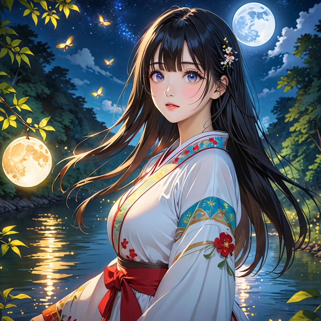 anime、Vibrant colors、Cool beauty、、Black Hair、Long Hair、Straight Hair、The bangs are cut above the eyebrows、Narrow eyes、Slanted Eyes、Bright eyes、Sharp Eyes、Sparkling eyes、Large Breasts、Night Sky、full moon、Looking up at the sky、Miko costume、summer、forest、river、100 fireflies flying around