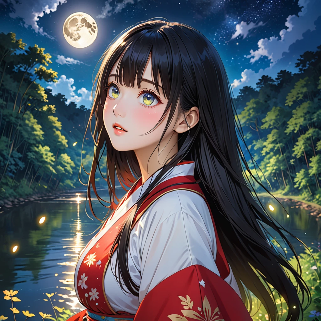 anime、Vibrant colors、Cool beauty、、Black Hair、Long Hair、Straight Hair、The bangs are cut above the eyebrows、Narrow eyes、Slanted Eyes、Bright eyes、Sharp Eyes、Sparkling eyes、Large Breasts、Night Sky、full moon、Looking up at the sky、Miko costume、summer、forest、river、100 fireflies flying around
