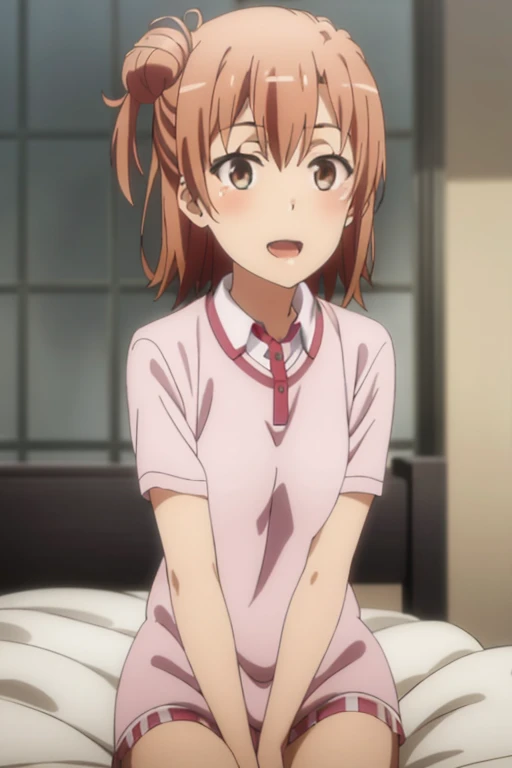 ((highest quality)), ((masterpiece)), (be familiar with), Perfect Face, indoor, Bedroom, Watching the audience,
One woman, Yuigahama Yui,
Open Mouth, Ecstatic expression, blush, smile,
Small breasts, Flat Chest, Young Girl, , , Girl,
Short Hair, Salmon-colored hair, Salmon-colored eyes, Side Pony,
Leg spread,