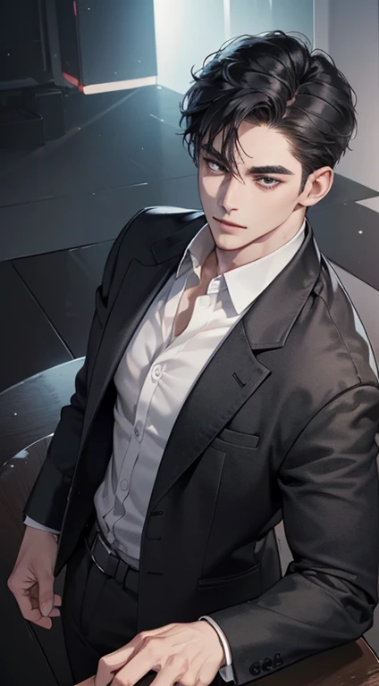 (best quality, masterpiece, 8K, photorealistic, cinematic lighting, 1:4 hdr image, top view, ultra detailed, beautiful image), a mature man, very handsome, short black hair, black eyes, perfect face without errors , ((buttoning his jacket, CEO))