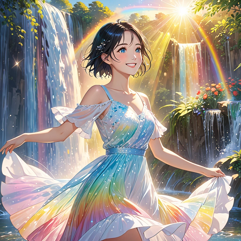 anime、beautiful girl、10 talents、Black Hair、A face that retains its youthfulness、short hair、Her hair is cut short, just short of her shoulders、Bright eyes、Sparkling eyes、A cheerful smile、Gazing into the distance、profile、dancing、Clothes:Bright dress、Clear water flows like a waterfall、sunrise、rainbow、Fantastic World
