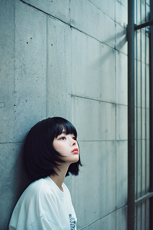 1 girl、Black-haired、Straight Bangs、Bob Cut Hair、Concrete walls and floors、Transcendental Silence、White clothes、Depth of written boundary、Absurd、Hmph、Ultra-detailed illustrations、Highly detailed face、Raw photo、Film Grain、deviantart Trends、