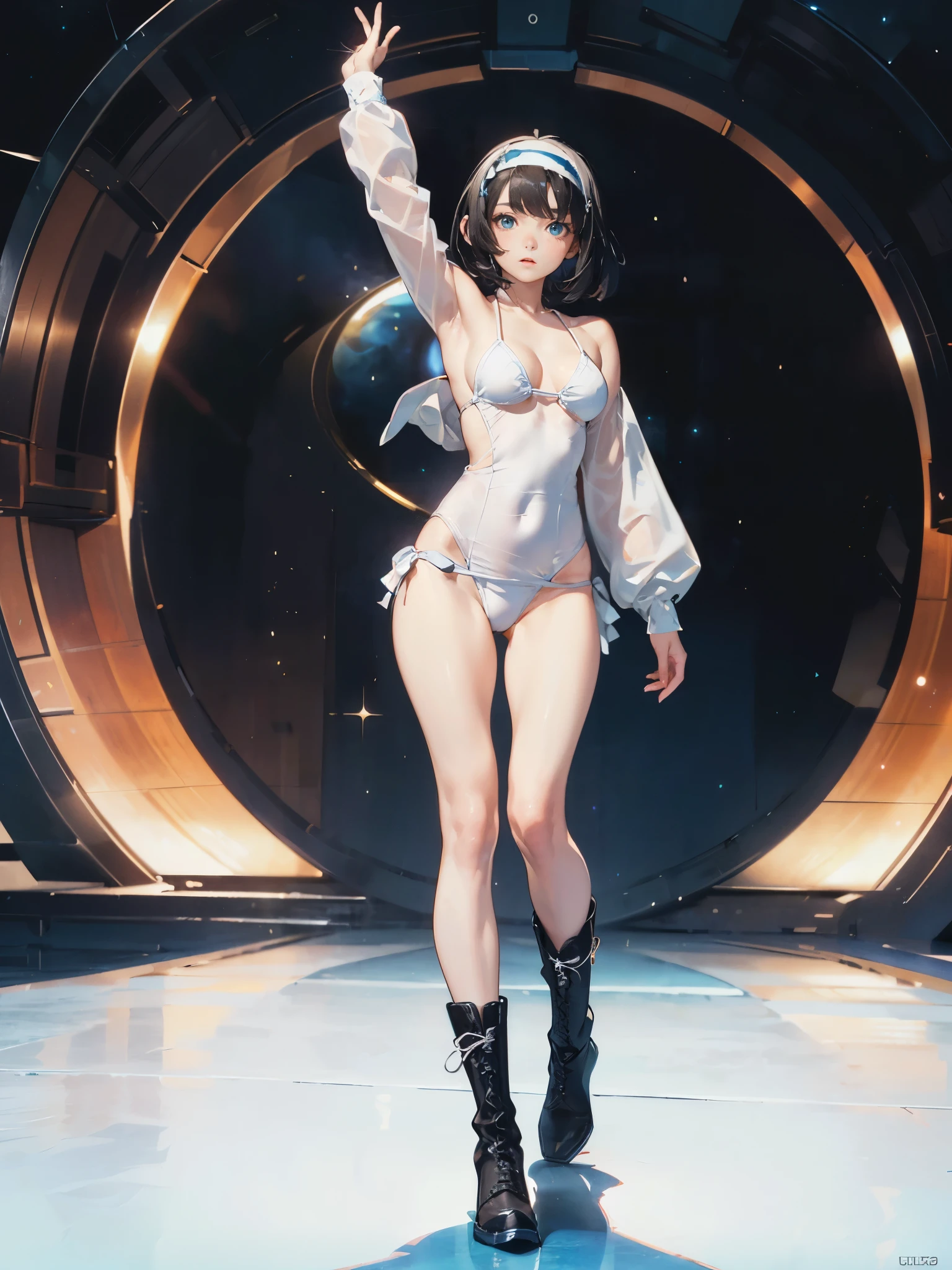 (maximum resolution: 1.2), (ultra high definition:1.2), cinema light, 8K resolution, fine eyes and skin, detailed face, perfect style, cute face, Accurate, anatomically correct, Highly detailed face and skin texture, beautiful and meticulous droopy eyes, 16 years old, (black hair:1.5), bob hair, parted bangs, blue eyes, (white hairband:1.5), (long sleeves one-piece patternless white bikini swimsuit:1.5), (boots:1.5), standing sexy pose, (by the universe:1.5)