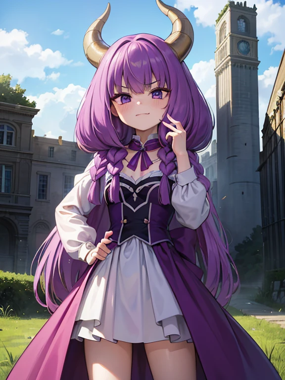 masterpiece, highest quality, Very detailed, 16k, Ultra-high resolution, Cowboy Shot, Detailed face, Perfect Fingers,  girl, aura the guillotine, long hair, (purple eyes:1.1), purple hair, braid, horns, twin braids, In front of the ruins, Stand with a smug look on your face