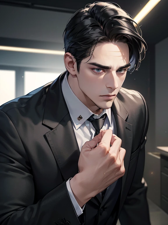 (best quality, masterpiece, 8K, photorealistic, cinematic lighting, hdr image, ultra detailed, beautiful image), 1 man, 31 years old, mature man, very handsome, (without expression, serious), short black hair, black eyes ( penetrating gaze), imposing posture, businessman, office background