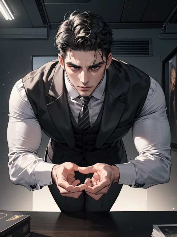 (best quality, masterpiece, 8K, photorealistic, cinematic lighting, hdr image, ultra detailed, beautiful image), 1 man, 31 years old, mature man, very handsome, (without expression, serious), short black hair, black eyes ( penetrating gaze), imposing posture, businessman, office background