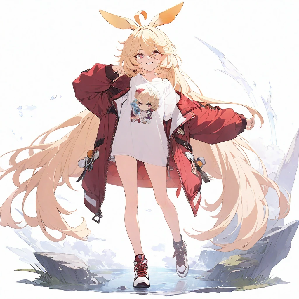 (muste piece), (best quality), very detailed eyes, expressive eyes, perfect face, very detailed face, highly detailed face, beautiful girl, (solo full body shot:1.3), Extremely exquisite and beautiful two-dimensional exquisite painting style, Extremely delicate and delicate, 8K high quality, CG wallpaper, HD, Front view, character portrait, Full body composition, (pure white background background),
1 girl, vtuber style, blond middle hair, blond straight hair, small ahoge, amber eyes, sharp eyes, sharp gaze, hair between eyes, yaeba, Yae Teeth, plain white t-shirt, oversize T-shirt, red jacket, unzipped jacket, small chest, cropped shoulders, clavicle, grin, bare feet, chest visible through clothes, sneakers, (full body), looking at viewer, standing, white background,