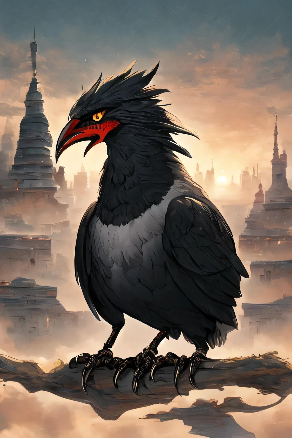 A samurai, complicated, sunset, Anime Style, (No humans:1.9),They mainly hide in old castles in Europe.,The body length is about 2 meters,Weight: about 120 kilograms,Its exterior is covered with shiny black feathers.,Has big yellow eyes,They eat small birds and animals.,The ferocious part of this creature is its sudden flying attack.