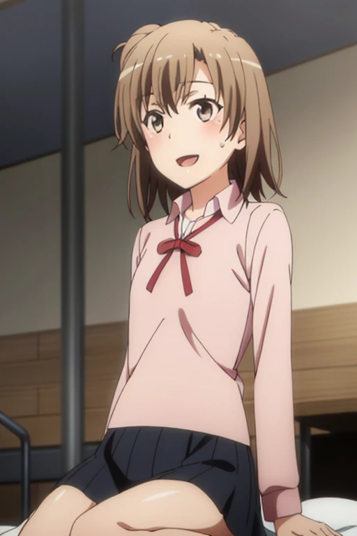 ((highest quality)), ((masterpiece)), (be familiar with), Perfect Face, indoor, Bedroom, Watching the audience,
One woman, Yuigahama Yui,
Open Mouth, Ecstatic expression, blush, smile,
Small breasts, Flat Chest, Young Girl, , , Girl,
Short Hair, Salmon-colored hair, Salmon-colored eyes, Side Pony,
Leg spread,