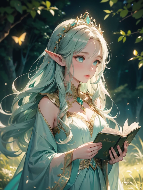 Create a stunning artwork of a majestic elf girl standing in a beautiful, serene landscape. The elf girl should have long, flowing hair, pointed ears, and elegant, ethereal features. She wears a flowing gown adorned with intricate patterns that complement her graceful appearance.

Details for the elf girl:

Long, wavy silver or golden hair.
Deep, expressive eyes (colors like emerald green or sapphire blue).
A delicate tiara or circlet on her head, embellished with small gemstones.
Ears should be pointed, characteristic of elves.
Her gown should be elegant and detailed, possibly in shades of white, blue, or forest green, with floral or celestial motifs.
She could be holding a staff or an ancient book, adding a touch of mystique.
Details for the scenery:

A magical forest with towering, ancient trees and luminescent flora.
A sparkling river or a serene lake reflecting the soft glow of the setting sun or moonlight.
Rolling hills or mountains in the background, covered with lush greenery.
A sky filled with a mesmerizing blend of colors from a sunset or a starry night.
Elements like ethereal lights, floating petals, or mystical creatures like butterflies or fireflies to enhance the magical atmosphere.
